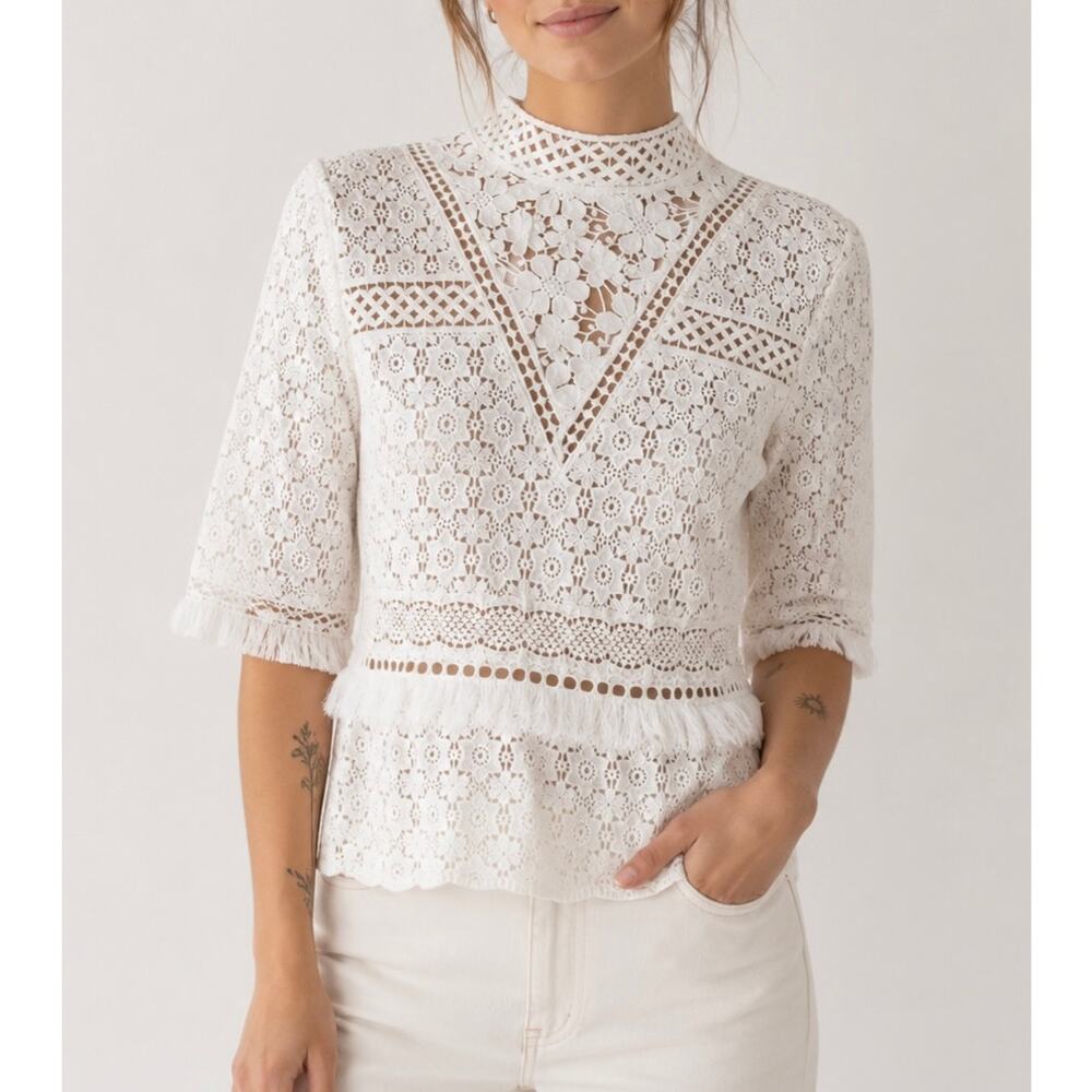 SEA New York Crochet Tassel Floral Lace Blouse Peplum Top Boho Cottagecore White